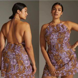 NWT Anthropologie Purple Allover Embroidered Halter Mini Back Zip Dress 22W